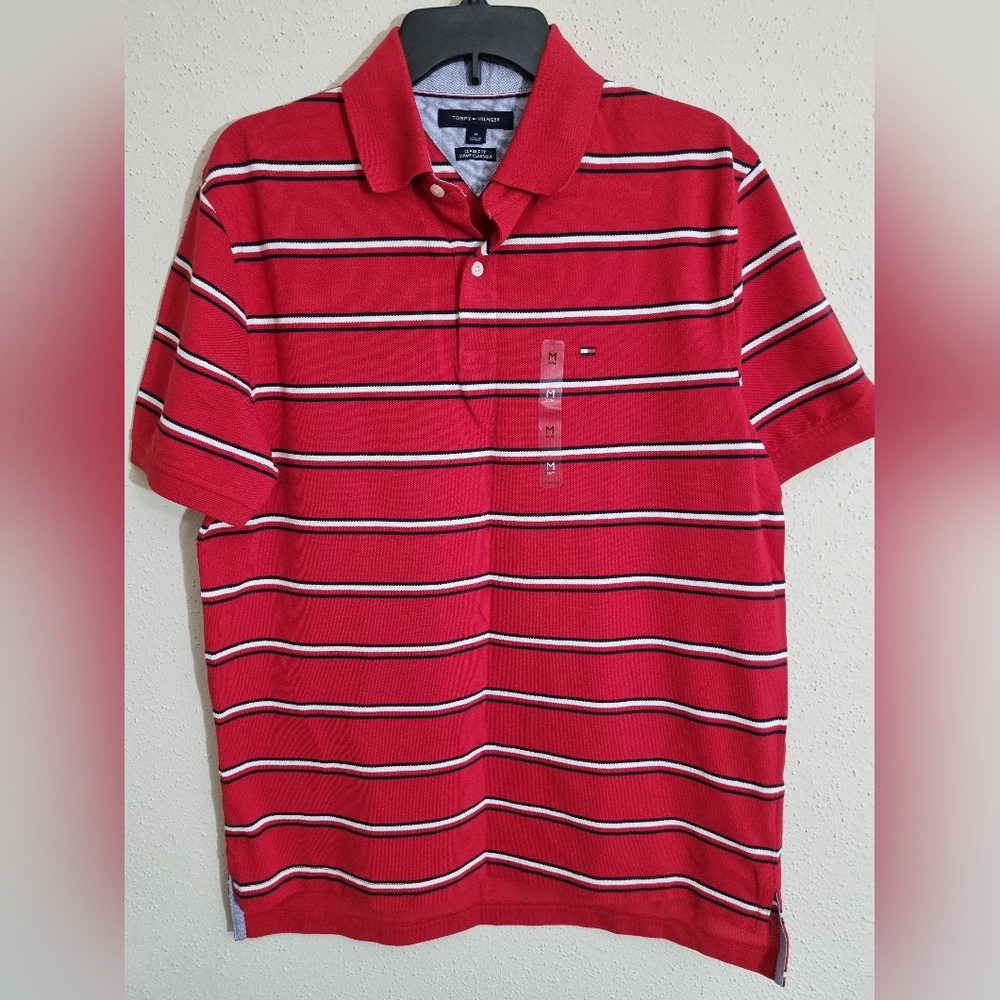 Tommy Hilfiger Men's, short sleeve polo shirt red, white and black stripe Size M - Picture 2 of 8